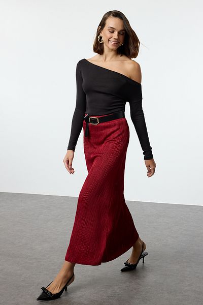 Trendyol Collection Fusta midi burgundă în formă de A - cu talie elastică și căptușeală TWOAW25ET00060