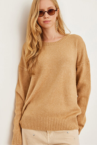 Olalook Дамски трикотажен пуловер с кръгла яка с мека текстура - Camel Kzk - 19000807