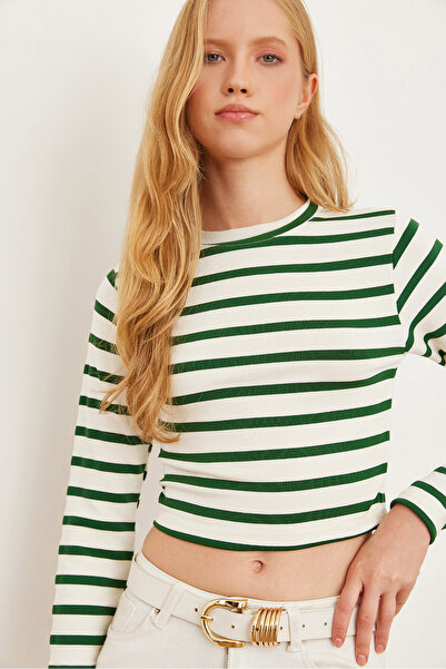 Olalook Πράσινη ριγέ Premium Soft Touch Crop Μπλούζα - Crew Neck BLZ- 19002451