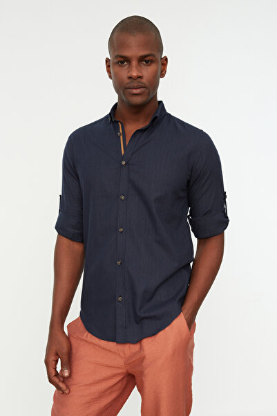 Trendyol Collection Sötétkék Slim Fit Epaulettes ing - hosszú ujjú, 100% pamut, TMNSS20GO0189