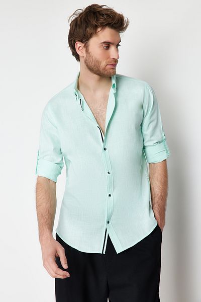 Trendyol Collection Mint Slim Fit Epaulettenhemd – Langarm, 100 % Baumwolle, TMNSS20GO0189