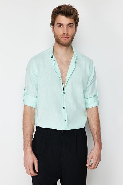 Trendyol Collection Mint Slim Fit Epaulettenhemd – Langarm, 100 % Baumwolle, TMNSS20GO0189