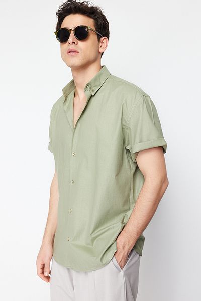 Trendyol Collection Oversize Κοντομάνικο πουκάμισο Χακί γιακά 100% Βαμβάκι - TMNSS24GO00029