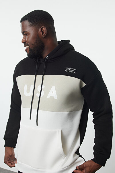 Trendyol Collection Plus Size Black Hooded Sweatshirt - Color Block, Tmnaw25Ao00038