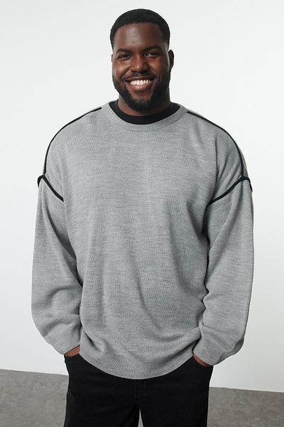 Trendyol Collection Men's Oversize Gray Knitwear Sweater - Crew Neck, Plus Size TMNAW24AN00000