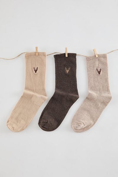 Trendyol Collection Καφέ Unisex 3 Pack Βαμβακερές κάλτσες με κέντημα ελαφιού με ανάγλυφη υποδοχή-μακριές κάλτσες TMNAW25CO00008