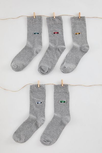 Trendyol Collection Пакет от 5 сиви унисекс - памучни дълги чорапи с бродерия на кола Tmnaw25Co00020