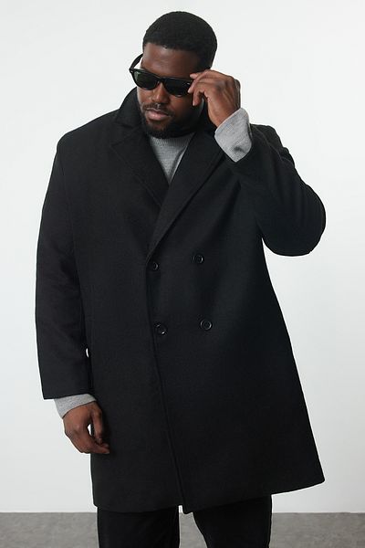 Trendyol Collection Plus Size Men's Black Double Breasted Coat - Regular Fit Tmnaw25Kb00008
