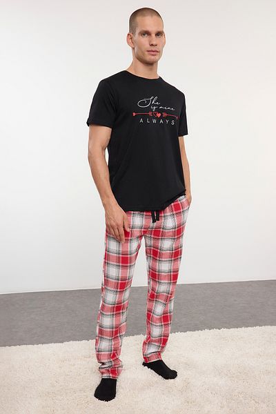 Trendyol Collection Černý kostkovaný Regular Fit Top Pletený Spodní Popruh Pár/Pár Pyžamový set TMNAW25PT00043