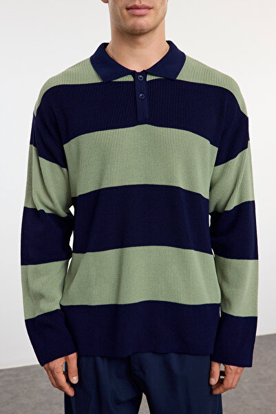 Trendyol Collection Pulover de tricotaj cu dungi cu guler polo casual - multicolor TMNAW25KZ00049