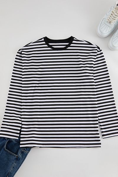 Trendyol Collection Υπερμεγέθη ριγέ βαμβακερό μπλουζάκι - λαιμόκοψη, μακρυμάνικο, μαύρο TMNAW25TS00007