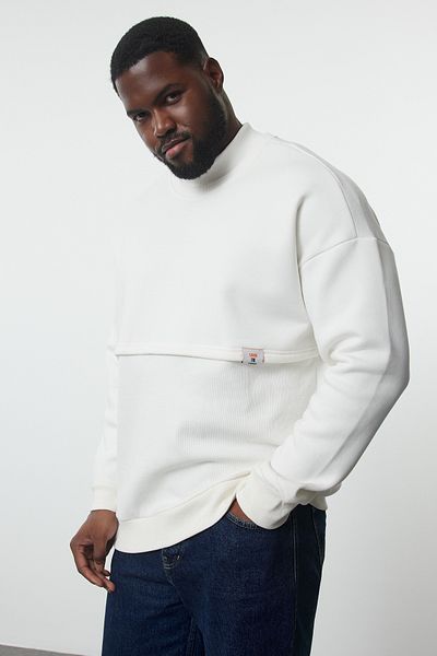 Trendyol Collection Ecru Oversize Stand Collar Large Size Sweatshirt - TMNAW25AO00032