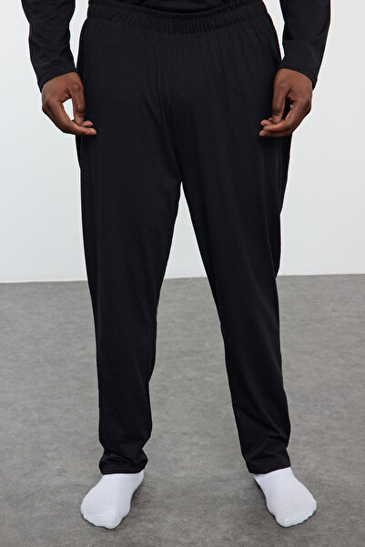 Trendyol Collection Men's Plus Size Embroidered Knitted Pajamas Set - Black TMNAW25AI00000