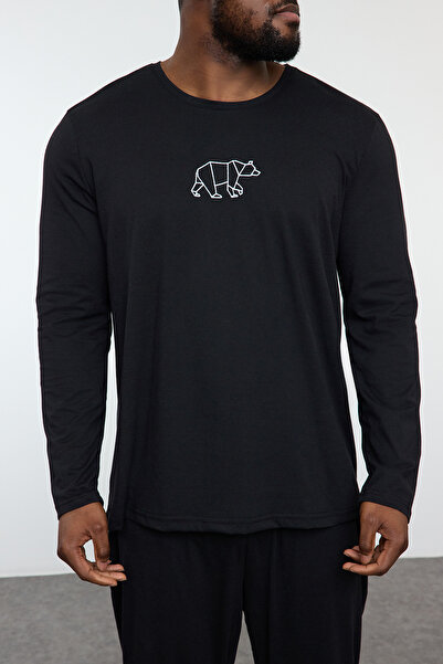 Trendyol Collection Men's Plus Size Embroidered Knitted Pajamas Set - Black TMNAW25AI00000