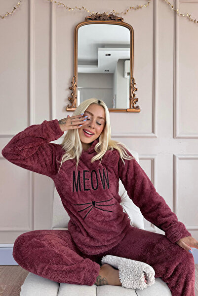 Pijamaevi Full Plush Claret Red Meow Patterned Pajama Set