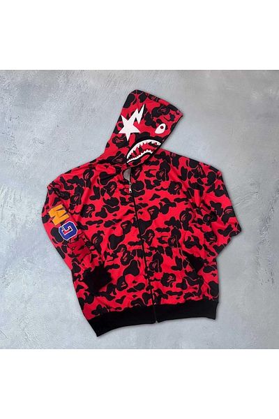 Kokosh moda 2 Thread Unisex Bape Hooded Zippered Cardigan - Red