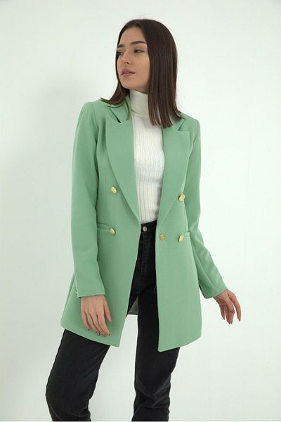 YONCA Premium Mint Green Women's Blazer Jacket - Atlas Fabric with Padded Shoulders and Snaps on the Front