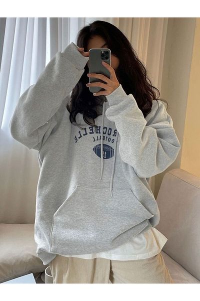 AFROGİYİM Women's New Rochelle Football Printed Cotton Hooded Sweatshirt
