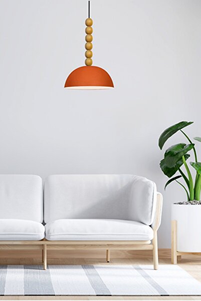 Bamyum Lipeo Turuncu Ahşap Altı Boncuklu Avize Tekli Sarkıt Salon Mutfak Kuaför Lamba Dekoratif Aydınlatma