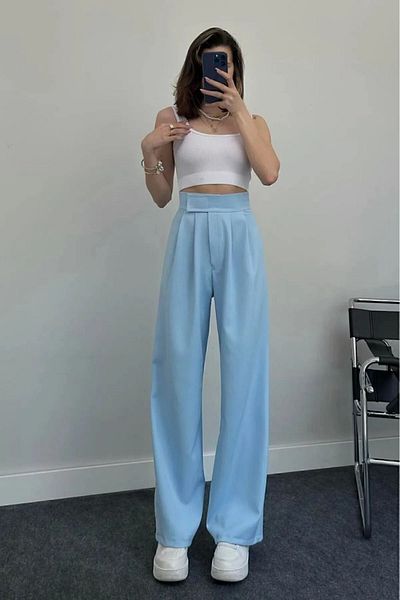 BILDEŞA High Waist Women's Palazzo Trousers - Velcro Waist Design