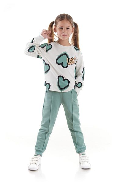 AHENGİM Heart Printed Trendy Girls' Tracksuit Set - Cotton, Seasonal Ak2504