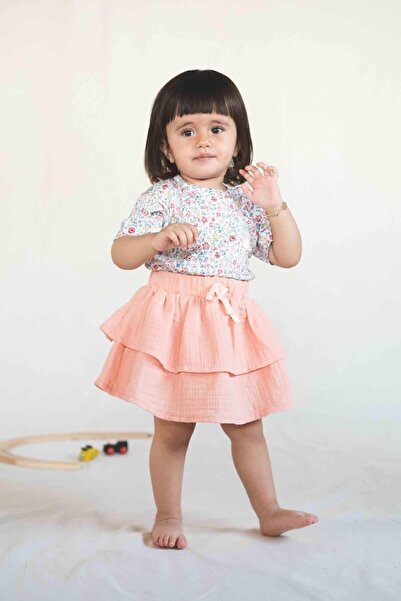 Little Gusto Müslin Katlı Çocuk Etek Pembe Organik Pamuk