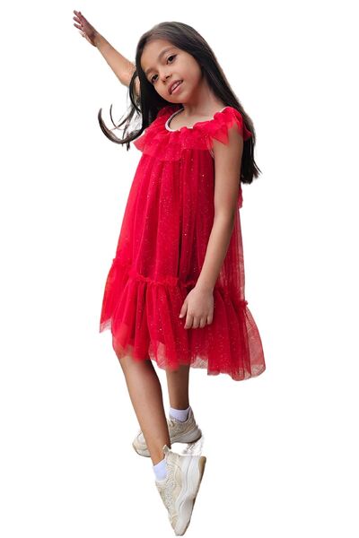 Colorinas April Girl's Party Dress with Shiny Piping Collar and Skirt Ruffles