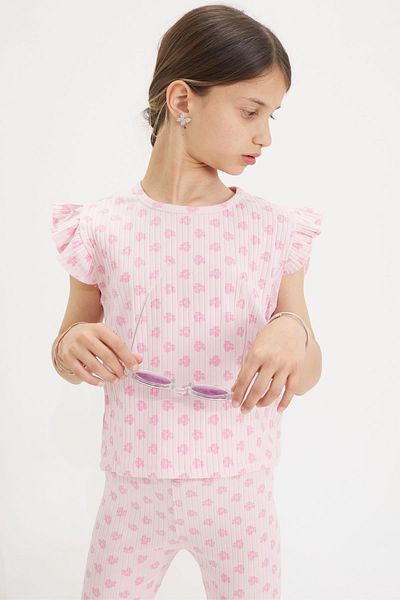 Cansın Mini Pink Floral Patterned Girl's Suit with Zero Sleeve Shorts and Leggings 18650