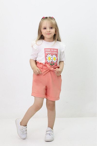 GZT TEKSTİL Girl's Shorts and Blouse Set - Puppy, Ruffle Sleeves and Waist Belt