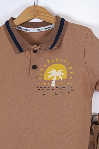 voyyo kids baby BOY'S SUMMER WITH PALM PRINTED POLO COLLAR BACK PRINTED LINEN SHORTS BOTTOM TOP SET