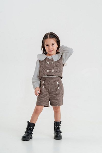 voyyo kids baby Комплект от 3 туид долни и горни части за момиче, комплект къси панталони за деца 2-8 години