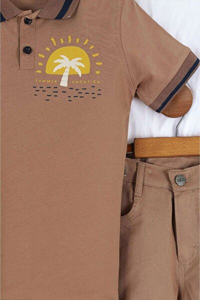 voyyo kids baby BOY'S SUMMER WITH PALM PRINTED POLO COLLAR BACK PRINTED LINEN SHORTS BOTTOM TOP SET