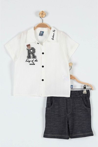 Ege Bebek Boy's Summer Festive Suit with Embroidered Muslin Shirt and Denim Look Cotton Shorts