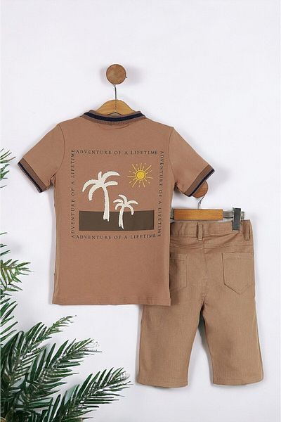 Egelite BOY'S SUMMER WITH PALM PRINTED POLO COLLAR BACK PRINTED LINEN SHORTS BOTTOM TOP SET