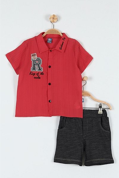 Ege Bebek Boy's Summer Festive Suit with Embroidered Muslin Shirt and Denim Look Cotton Shorts