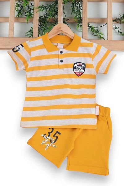 Ege Bebek Stylish Polo Collar Striped T-shirt and Shorts Set for Boys