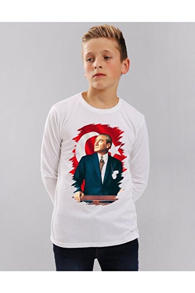 TakeTshirt Atatürk Çocuk Tişört Uzun Kollu Beyaz