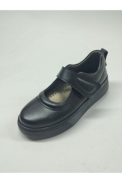 Rose Club Kids حذاء باليرينا أسود من الجلد الطبيعي ذو نعل عالٍ وشريط فيلكرو ل...