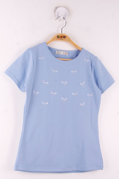 Toontoy Girl's Dragonfly Embroidered Stone Embroidered School T-Shirt