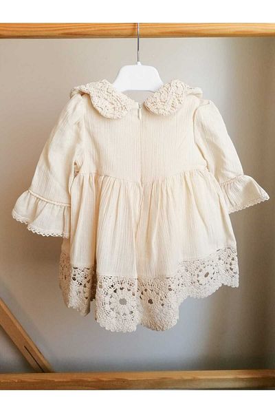 Mymio Natural Beige Baby Girl Dress - 100% Cotton, Linen Lace Detail