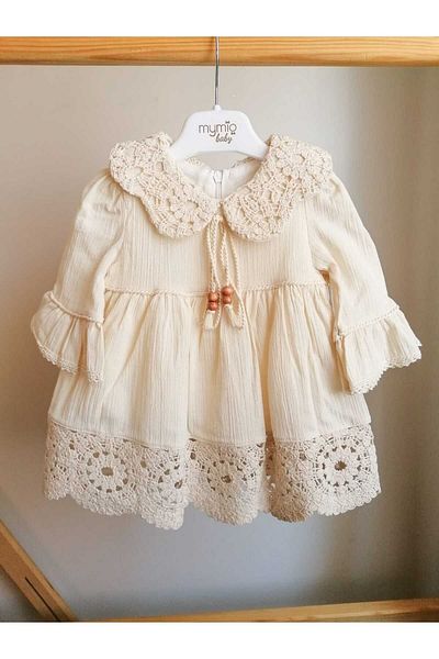 Mymio Natural Beige Baby Girl Dress - 100% Cotton, Linen Lace Detail