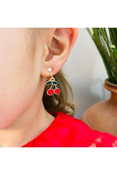 1PARÇAMAVİ Kirazlı kız çocuk küpesi - kıstırmalı deliksiz kulak küpesi