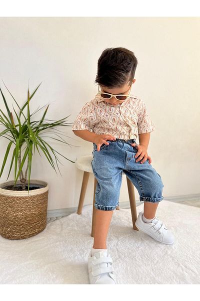 Pollito Boy's Woven Ethnic Patterned Shirt Jeans Shorts 2-Piece Set