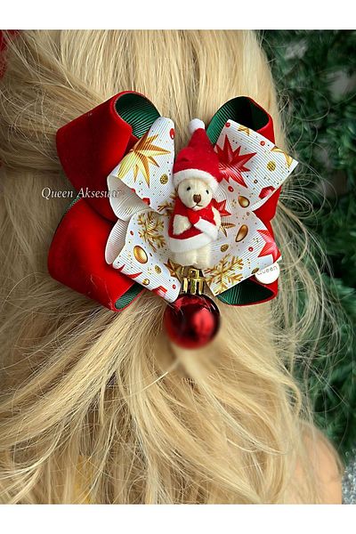 QUEEN AKSESUAR Christmas custom design swinging batch cute Christmas with teddy bear velvet women's children's bow clip buckle