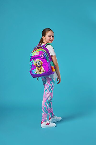 Coral High Purple Pink Dog Patterned Children's School Bag - 23649