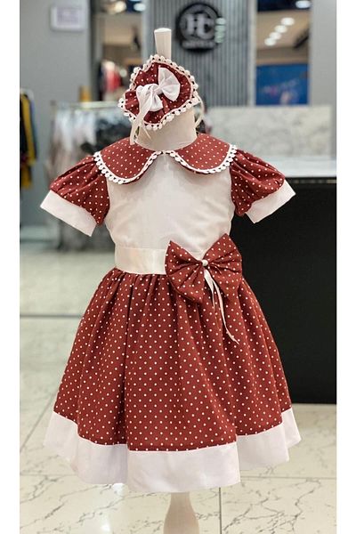 HC Kids Wear Girl's Tile Polka Dot Detailed Dress & Buckle & Accessory Set