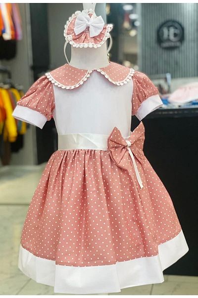 HC Kids Wear Girl's Salmon Polka Dot Detailed Dress & Buckle & Accessory Set