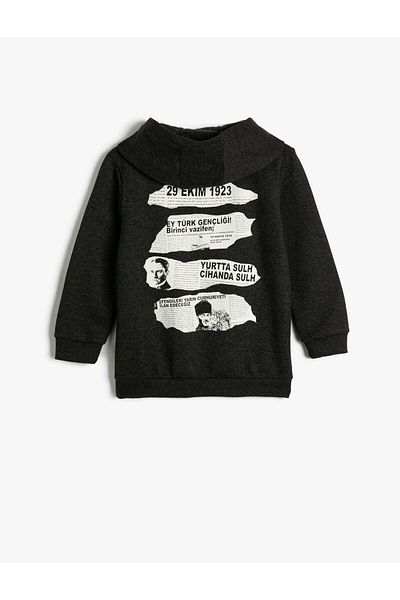 Koton Atatürk Signed Hooded Sweat Long Sleeve Embroidery Detailed