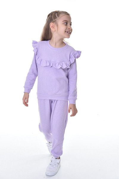 BUUFUU GIRL'S SLEEVE FRONT REFIRED DETAILED COTTON BOTTOM TOP SET