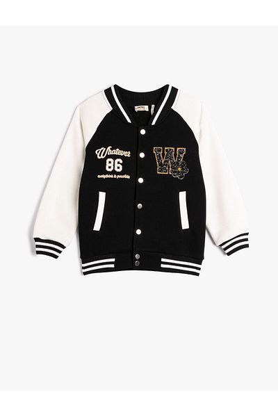 Koton College-Jacke mit Applikationsdetails, Taschen, roségoldene Streifen und Camisole-Detail